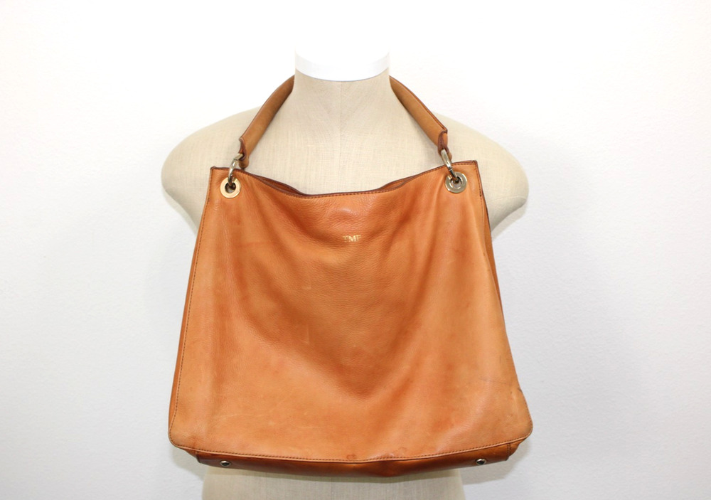 Mark & Graham Leather Camel Handbag Bag Purse w/ Monogram "TMP" As Is